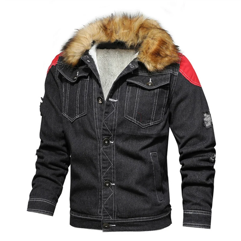 Herren Gefütterte Denim-Truckerjacke mit Teddyfutter und Kunstfellkapuze Drune
