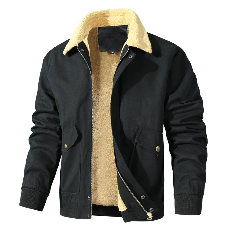 Herren Gefütterte Canvas-Bomberjacke mit Sherpa-Kragen, Utility-Taschen und gerippten Bündchen Drune