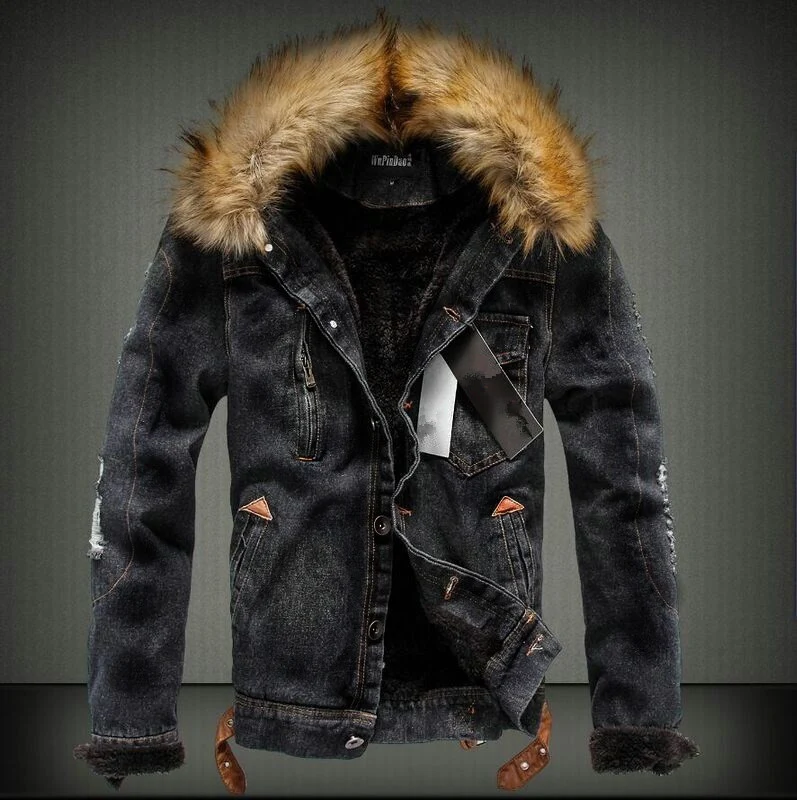Herren Denim-Truckerjacke mit Teddyfutter, Kunstfellkapuze und Used-Details Drune