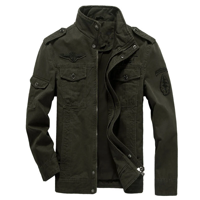 Herren Canvas-Militärblouson mit Stehkragen, Abzeichen und Multifunktionstaschen Drune