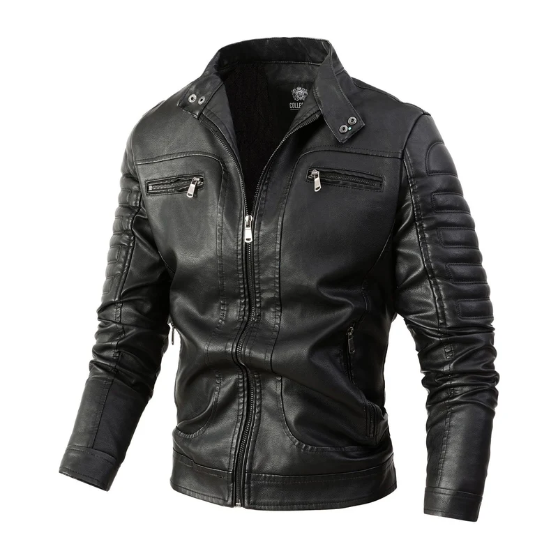 Herren Bikerjacke aus Kunstleder mit gesteppter Ärmelpolsterung, Stehkragen und Multi-Taschen Drune