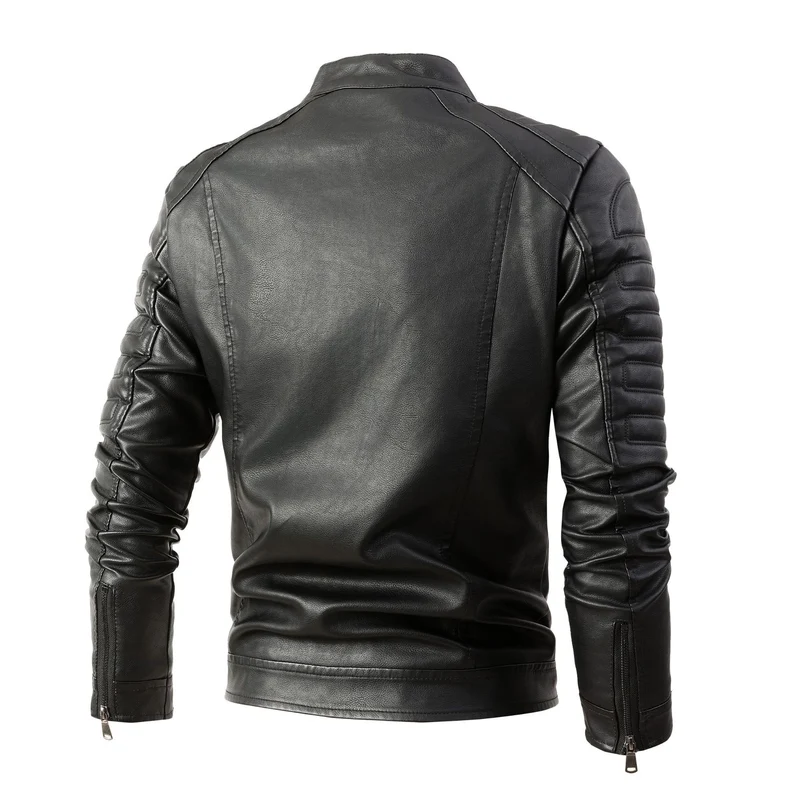 Herren Bikerjacke aus Kunstleder mit gesteppter Ärmelpolsterung, Stehkragen und Multi-Taschen Drune