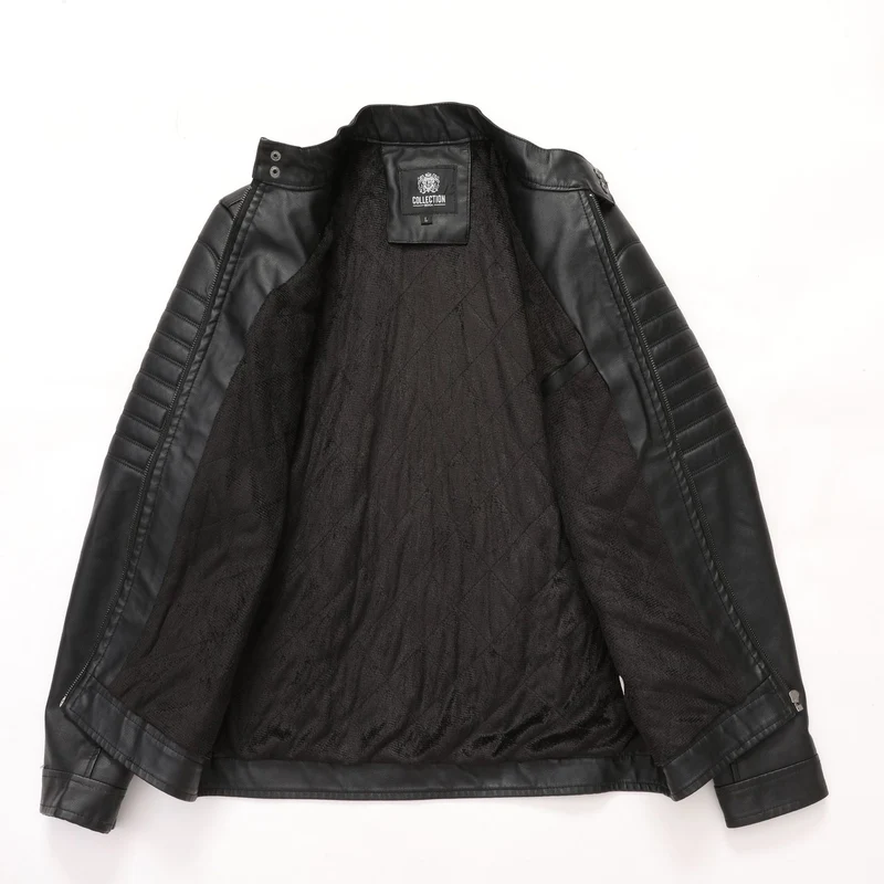 Herren Bikerjacke aus Kunstleder mit gesteppter Ärmelpolsterung, Stehkragen und Multi-Taschen Drune