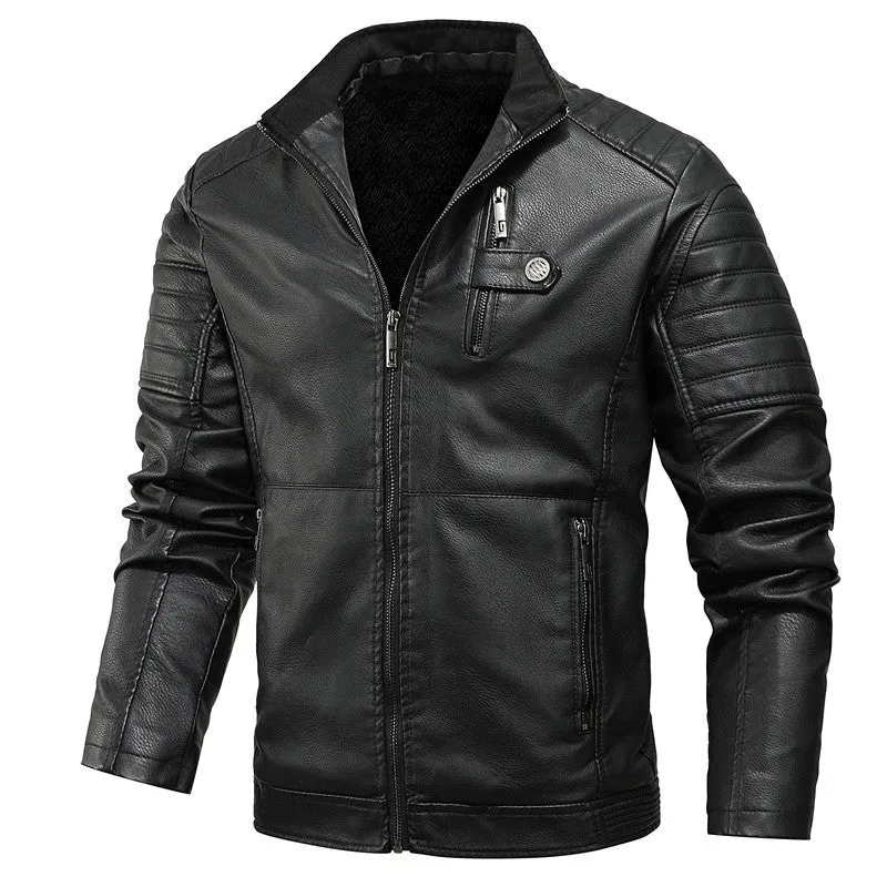 Herren Biker-inspirierte Kunstlederjacke mit gesteppter Ärmelpartie und Stehkragen Drune