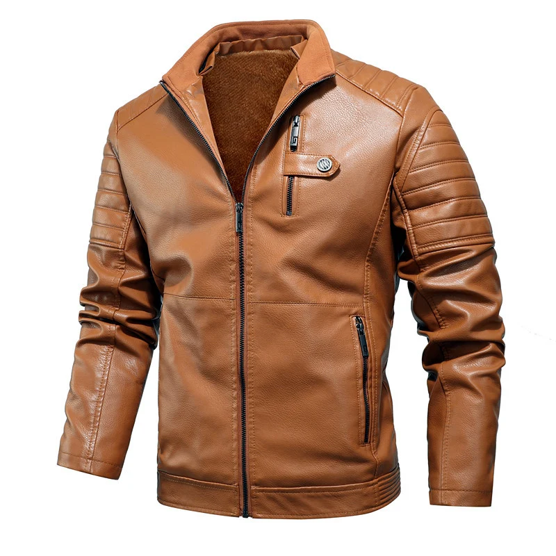 Herren Biker-inspirierte Kunstlederjacke mit gesteppter Ärmelpartie und Stehkragen Drune