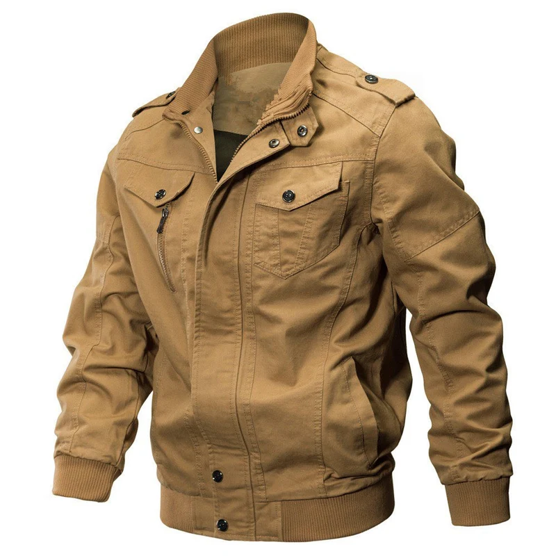 Herren Baumwoll-Fieldjacke im Military-Stil mit Stehkragen, Reißverschluss und Rippbündchen Drune