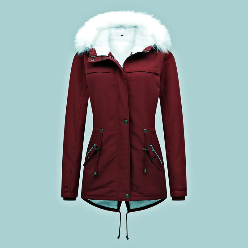 Damen Thermischer Parka mit Kunstfellkapuze und Taillenzug Drune