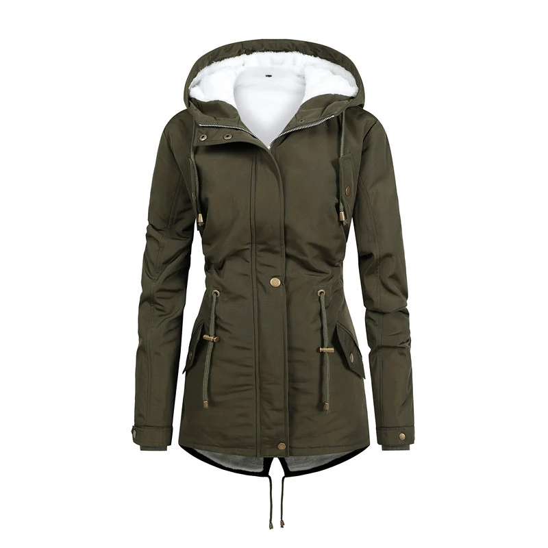 Damen Taillierter Parka mit Teddyfutter, verstellbarer Kapuze und Tunnelzug Drune