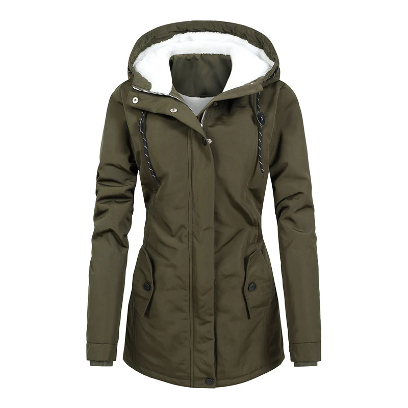 Damen Taillierter Parka mit Teddyfutter, verstellbarer Kapuze und Tunnelzug Drune