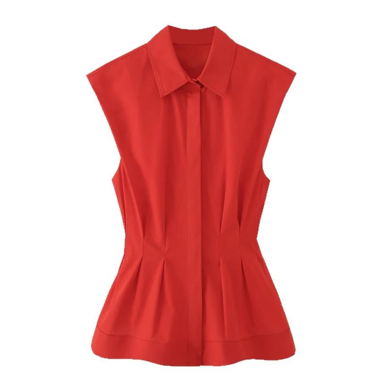 Damen Ärmellose taillierte Bluse mit Kellerfalten und verdeckter Knopfleiste Drune