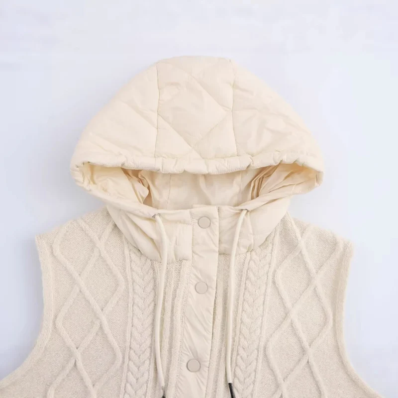 Damen Ärmellose Strickweste mit gesteppter Kapuze und Druckknopfleiste Drune