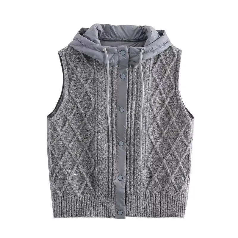 Damen Ärmellose Strickweste mit gesteppter Kapuze und Druckknopfleiste Drune