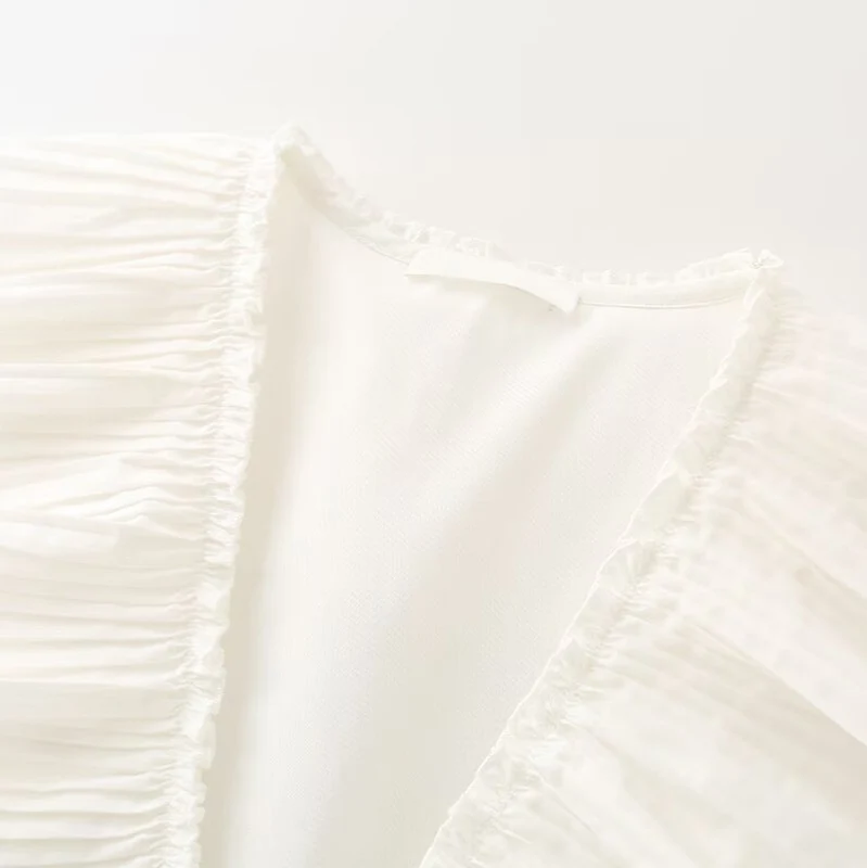 Damen Ärmellose Rüschenbluse mit tiefem V‑Ausschnitt, zarter Plissee‑Rüsche und Bindeschleife Drune
