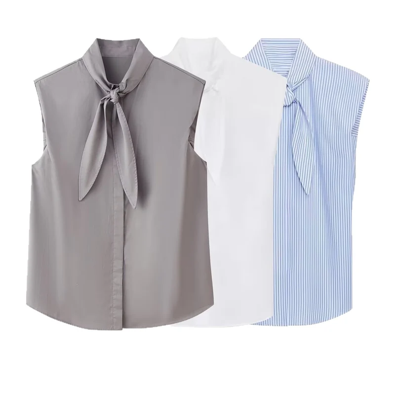 Damen Ärmellose Popeline-Bluse mit Schluppenkragen und Nadelstreifen Drune