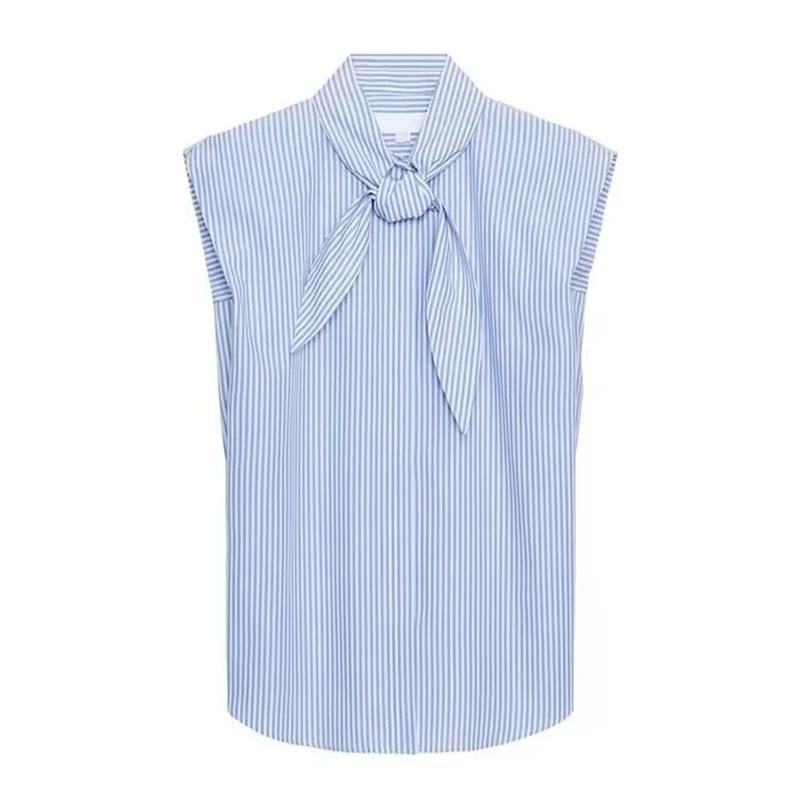 Damen Ärmellose Popeline-Bluse mit Schluppenkragen und Nadelstreifen Drune