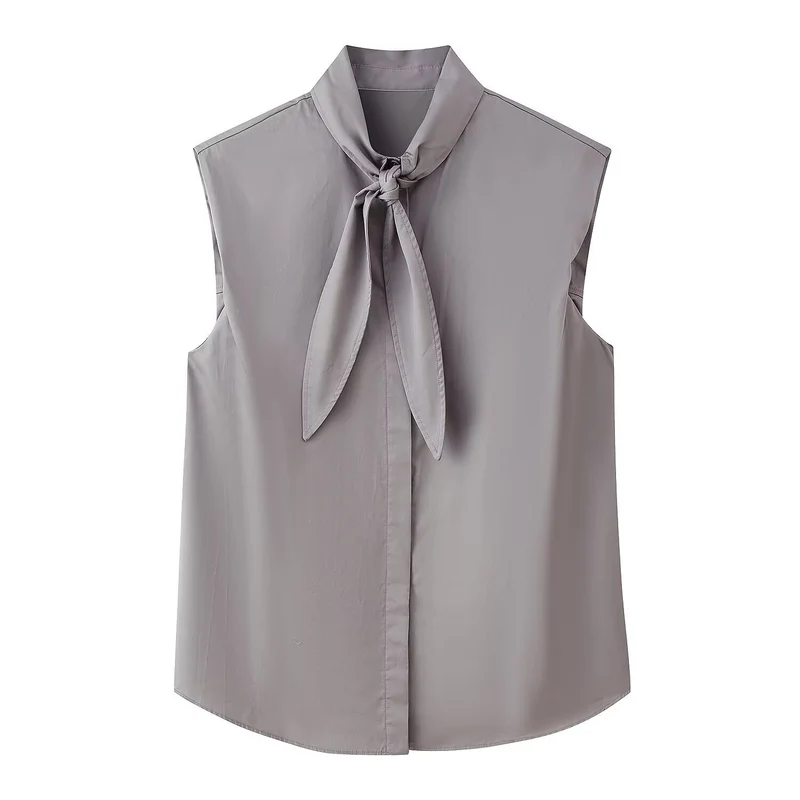 Damen Ärmellose Popeline-Bluse mit Schluppenkragen und Nadelstreifen Drune