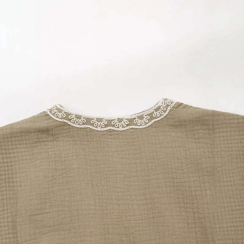 Damen Ärmellose Leinenweste mit floraler Reliefstickerei und offener Front Drune