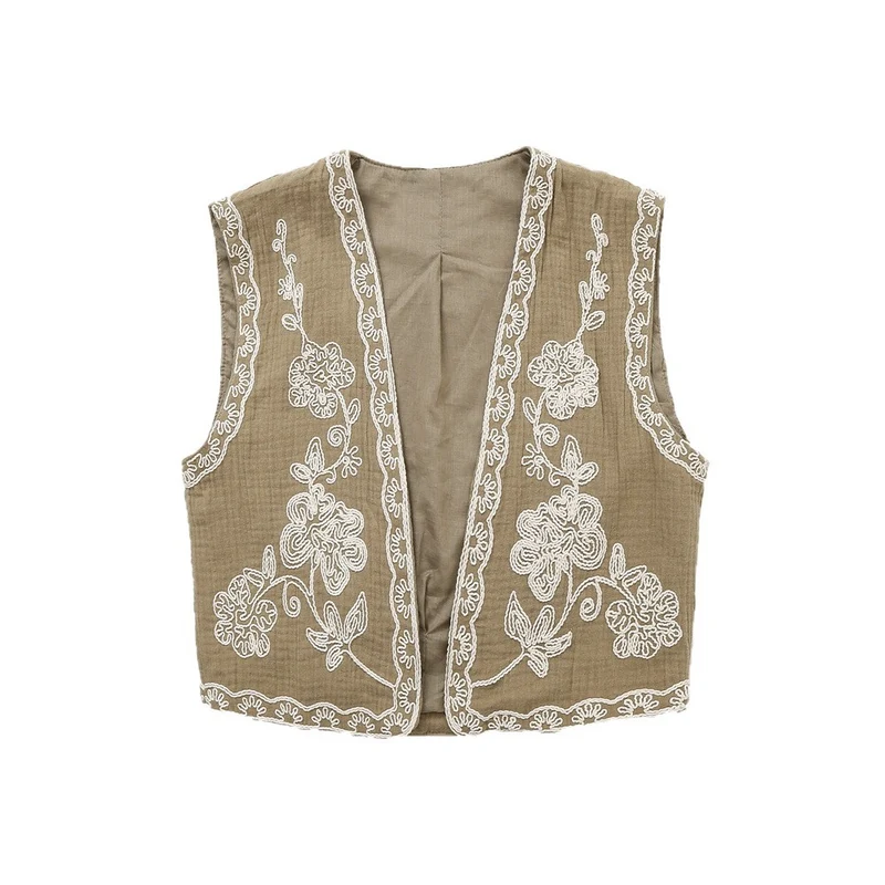 Damen Ärmellose Leinenweste mit floraler Reliefstickerei und offener Front Drune