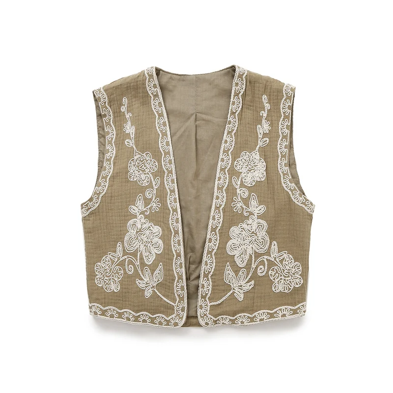 Damen Ärmellose Leinenweste mit floraler Reliefstickerei und offener Front Drune