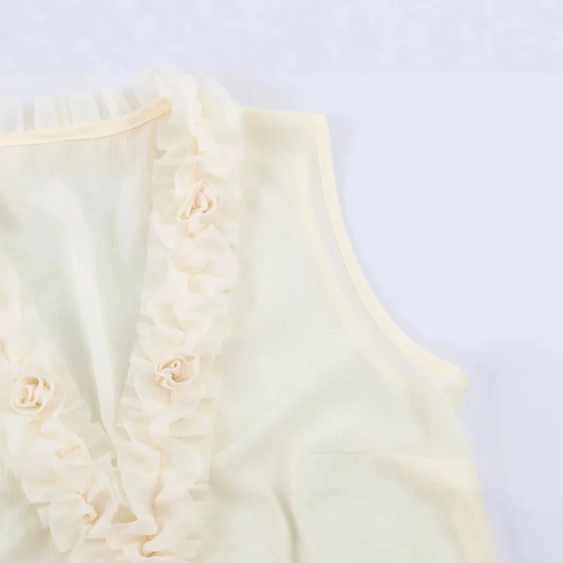 Damen Ärmellose Bluse mit tiefem V-Ausschnitt, Volantrüschen und Zierrosen Drune