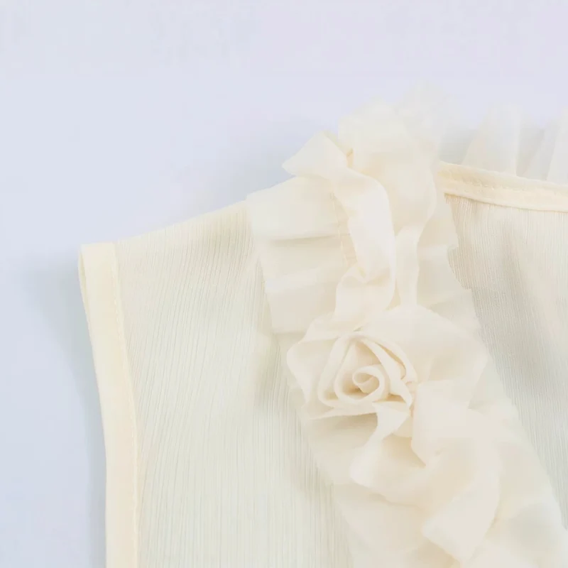 Damen Ärmellose Bluse mit tiefem V-Ausschnitt, Volantrüschen und Zierrosen Drune