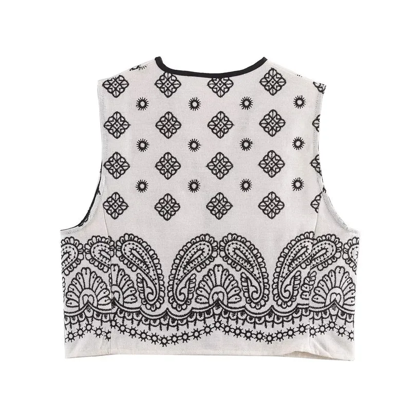 Damen Ärmellose bestickte Weste mit Paisley‑Motiv und Perlmuttknopfleiste Drune