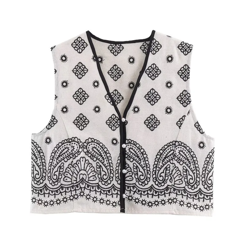 Damen Ärmellose bestickte Weste mit Paisley‑Motiv und Perlmuttknopfleiste Drune