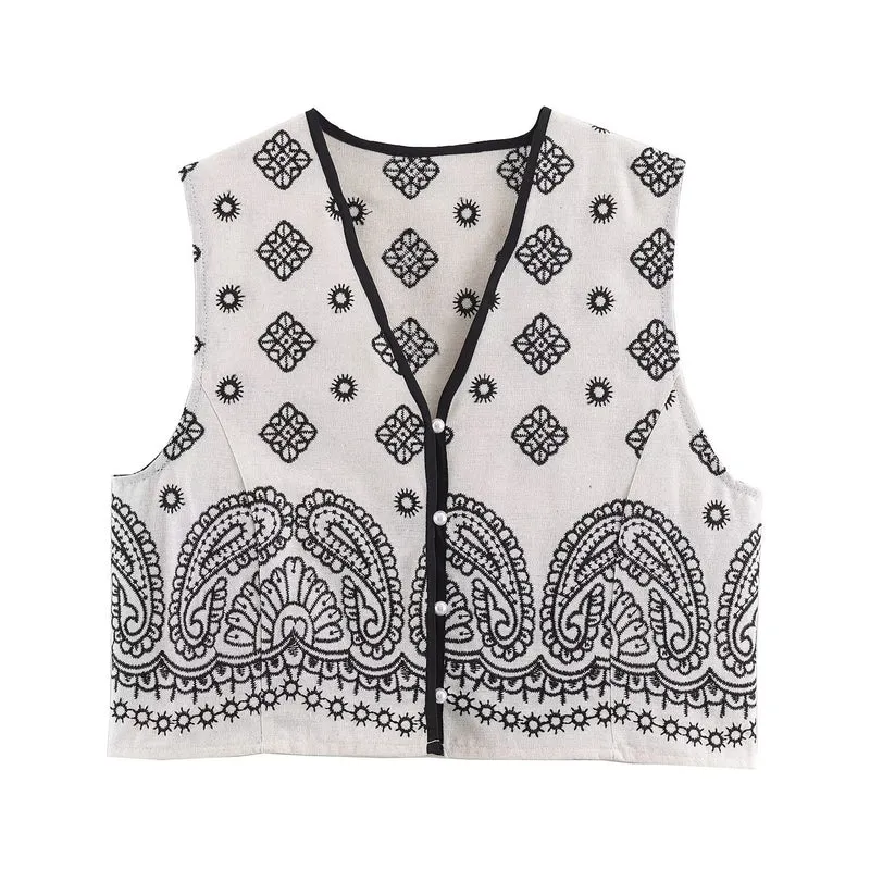 Damen Ärmellose bestickte Weste mit Paisley‑Motiv und Perlmuttknopfleiste Drune