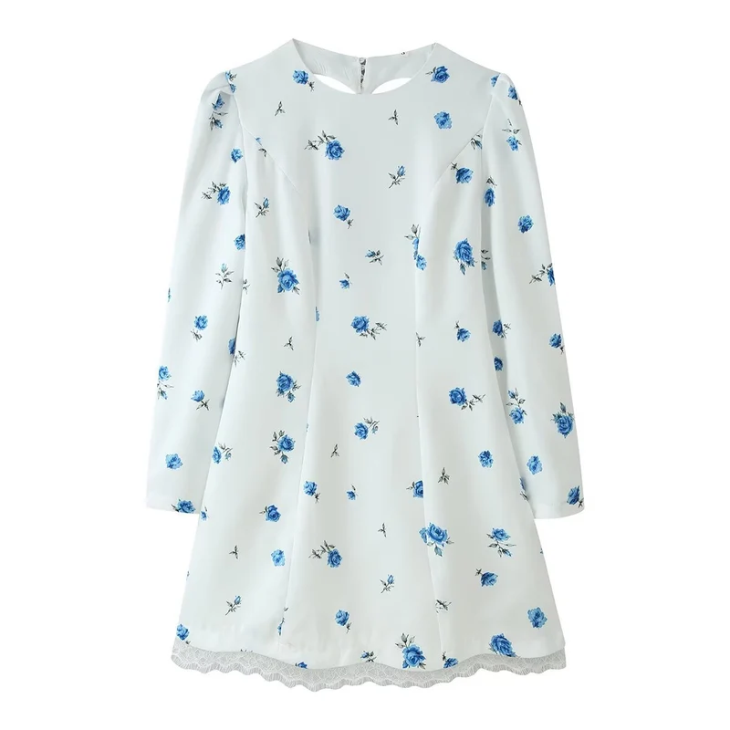 Damen A‑Linien-Minikleid mit langen Ärmeln, floralem Muster und Spitzenbesatz Drune