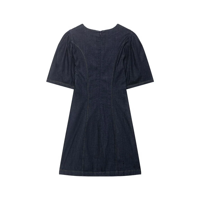Damen A‑Linien Jeanskleid mit Puffärmeln und figurbetonten Abnähern Drune