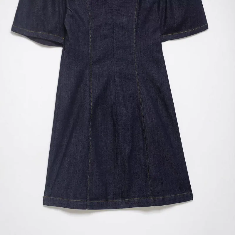 Damen A‑Linien Jeanskleid mit Puffärmeln und figurbetonten Abnähern Drune