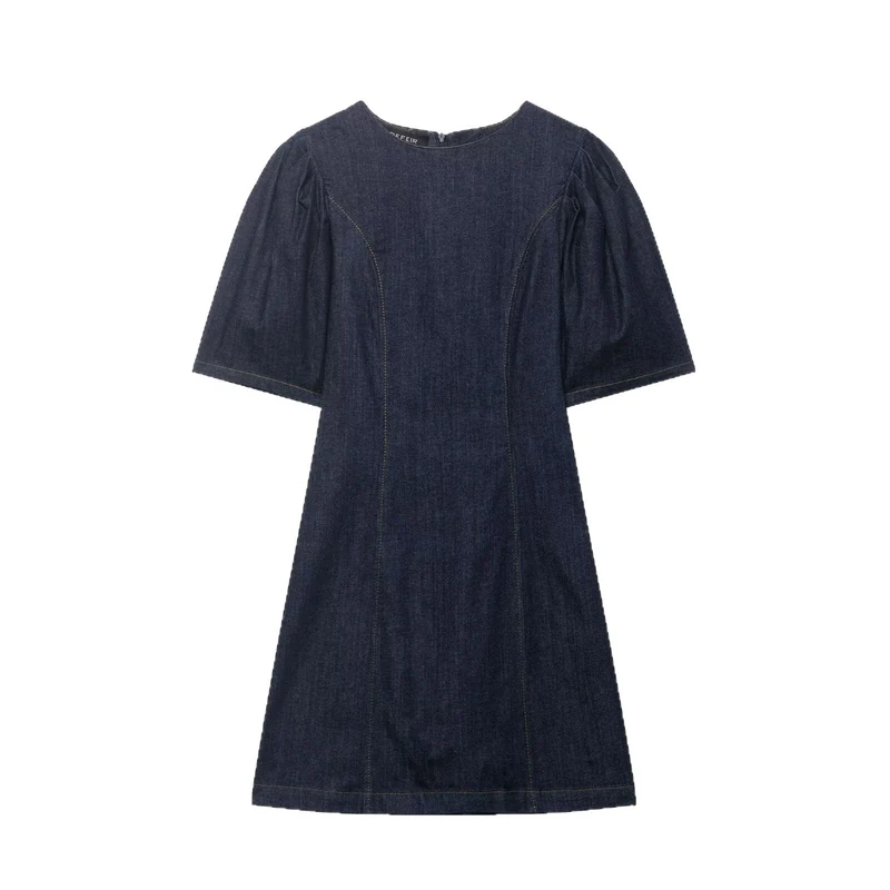 Damen A‑Linien Jeanskleid mit Puffärmeln und figurbetonten Abnähern Drune