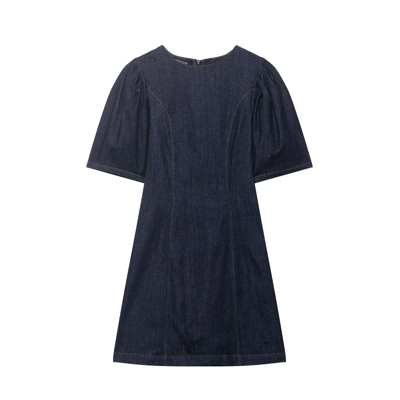 Damen A‑Linien Jeanskleid mit Puffärmeln und figurbetonten Abnähern Drune