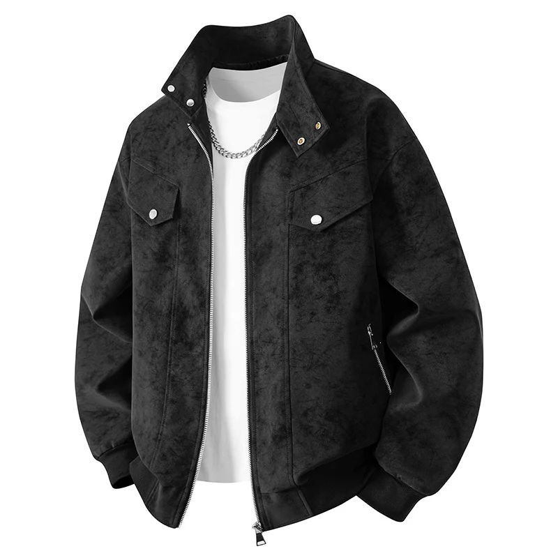Herren Velours-Imitat Übergangsjacke im Bomberstil mit Stehkragen, Druckknopfleiste & elastischen Bündchen Drune
