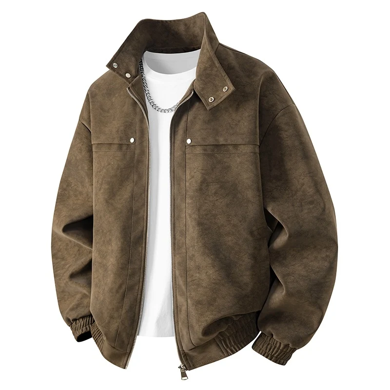 Herren Velours-Imitat Übergangsjacke im Bomberstil mit Stehkragen, Druckknopfleiste & elastischen Bündchen Drune