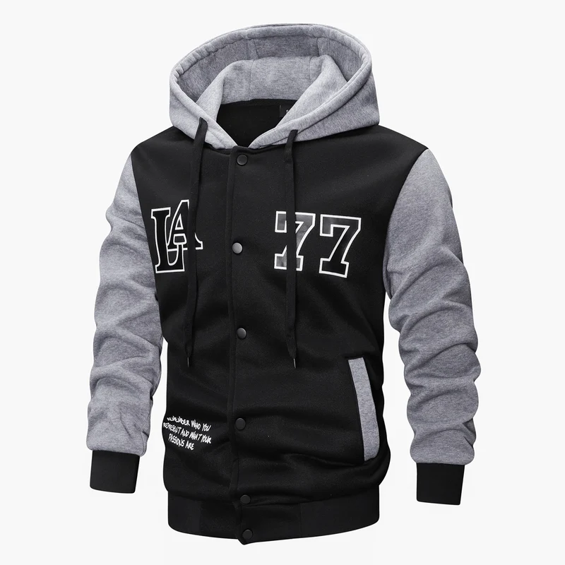 Herren Varsity-Kapuzenjacke im College‑Look mit Druck, Druckknopf‑Front und Kontrastärmeln Drune