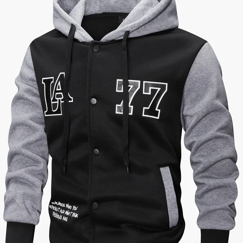 Herren Varsity-Kapuzenjacke im College‑Look mit Druck, Druckknopf‑Front und Kontrastärmeln Drune
