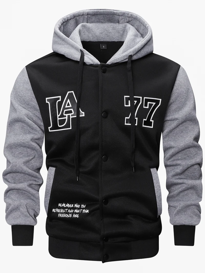Herren Varsity-Kapuzenjacke im College‑Look mit Druck, Druckknopf‑Front und Kontrastärmeln Drune