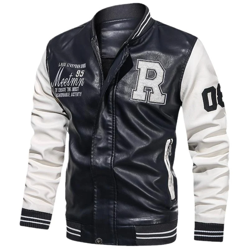 Herren Varsity-Bomberjacke im College-Stil aus Kunstleder mit bestickten Logos & kontrastreichen Ärmeln Drune