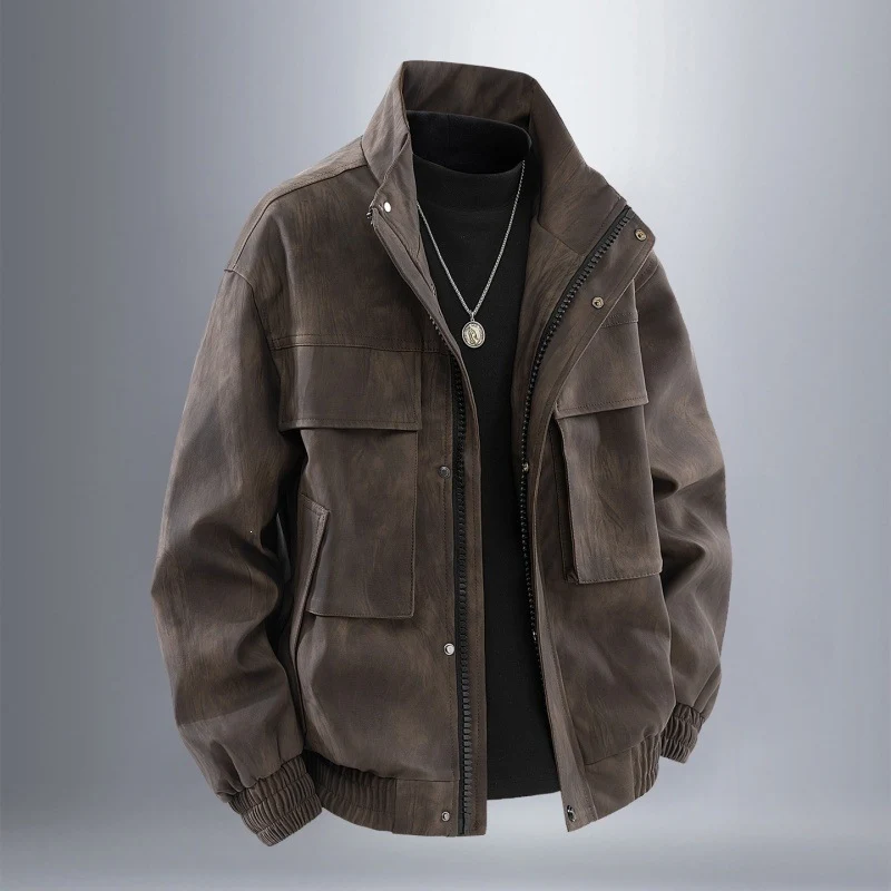 Herren Utility-Harringtonjacke in Lederoptik mit Mehrfachtaschen und elastischem Saum Drune