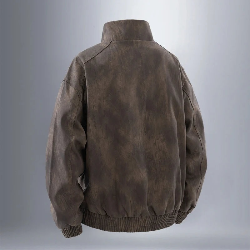 Herren Utility-Harringtonjacke in Lederoptik mit Mehrfachtaschen und elastischem Saum Drune