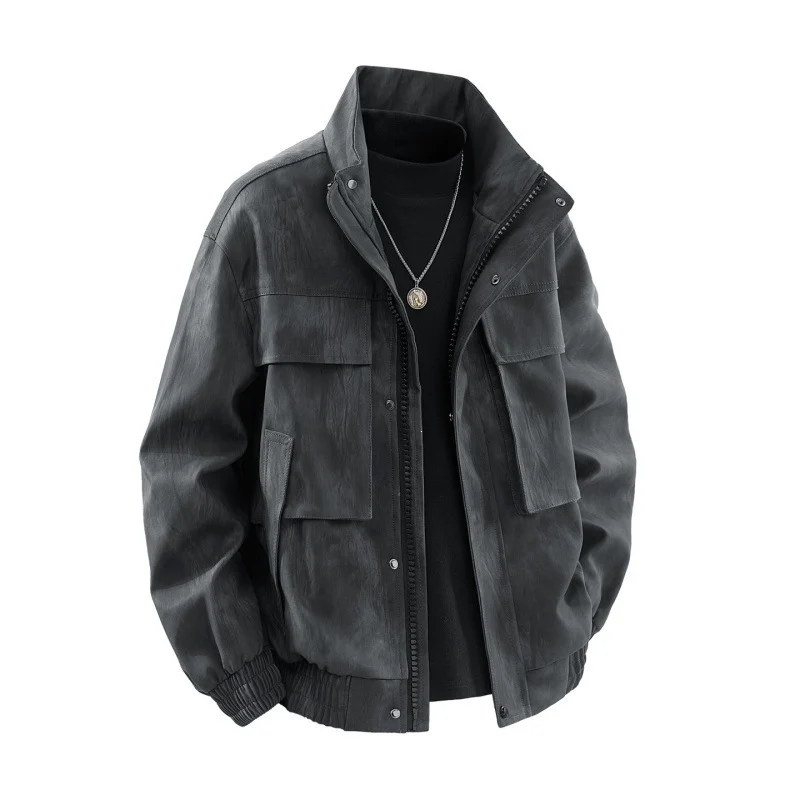 Herren Utility-Harringtonjacke in Lederoptik mit Mehrfachtaschen und elastischem Saum Drune
