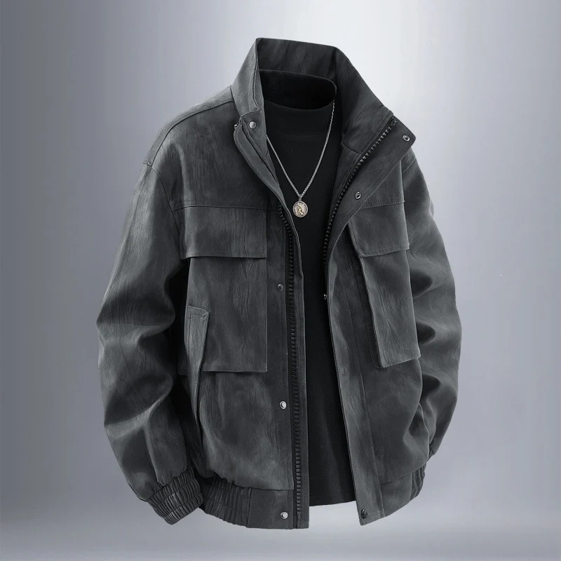 Herren Utility-Harringtonjacke in Lederoptik mit Mehrfachtaschen und elastischem Saum Drune