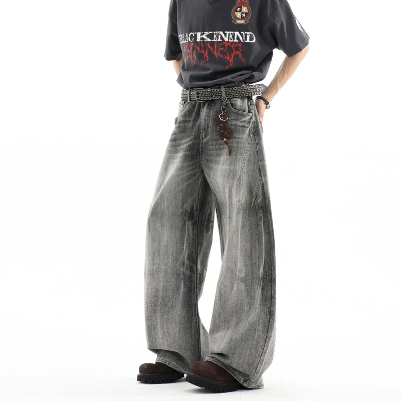 Herren Ultraweite Baggy-Jeans mit tiefem Schritt und strukturierter Faltenoptik Drune