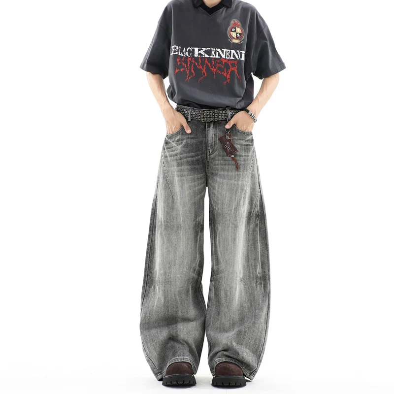 Herren Ultraweite Baggy-Jeans mit tiefem Schritt und strukturierter Faltenoptik Drune