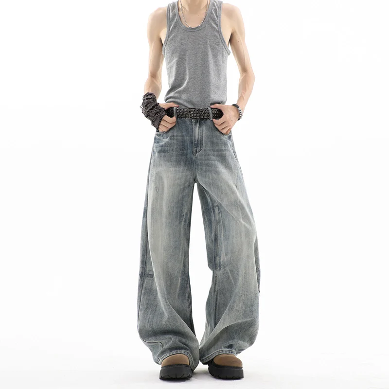 Herren Ultraweite Baggy-Jeans mit tiefem Schritt und strukturierter Faltenoptik Drune