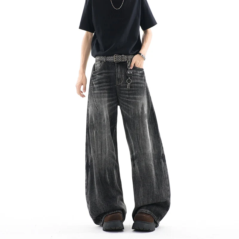 Herren Ultraweite Baggy-Jeans mit tiefem Schritt und strukturierter Faltenoptik Drune