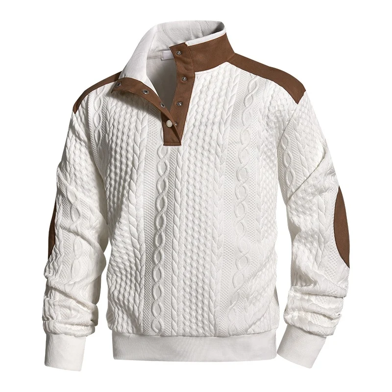 Herren Strickpullover mit Zopfmuster, Stehkragen und Kontrast‑Schulter- & Ellbogenpatches Drune