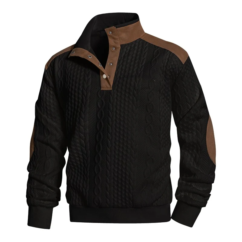 Herren Strickpullover mit Zopfmuster, Stehkragen und Kontrast‑Schulter- & Ellbogenpatches Drune