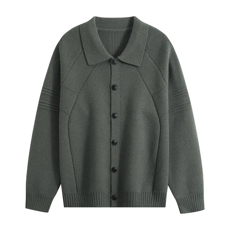 Herren Strickcardigan mit Hemdkragen, Raglanärmeln & geripptem Saum Drune